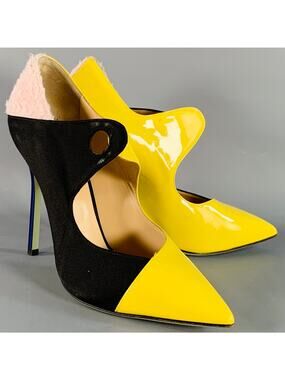 GIANNICO Size 8.5 Yellow Black Pink Color Block Mixed Fabrics Stiletto Pumps